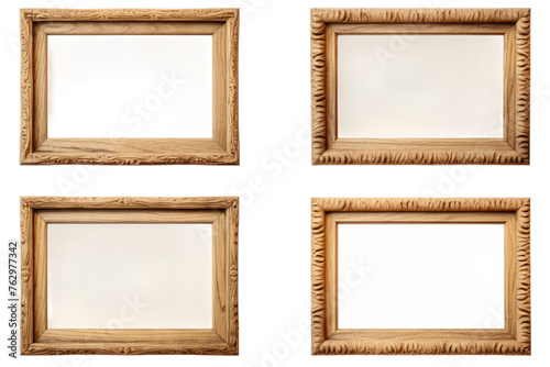 Set of Four Wooden Frames on White Background. On a White or Clear Surface PNG Transparent Background..