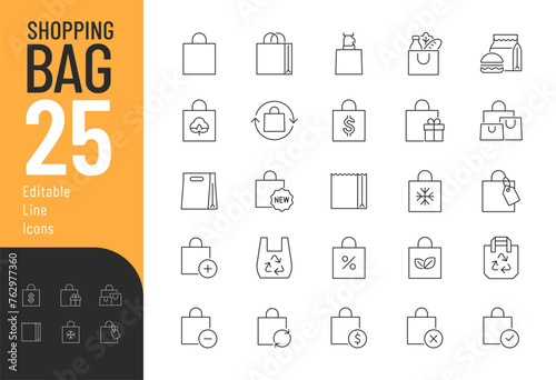 Shopping Bag Line Editable Icons set. Vector illustration in modern thin line style of different types of shopping bags: paper, plastic, shopper, gift bag, and more. Pictograms and infographics.