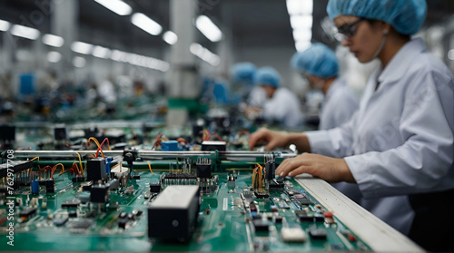 Smart industry control concept.Hands holding tablet on blurred automation machine as background. generative.ai