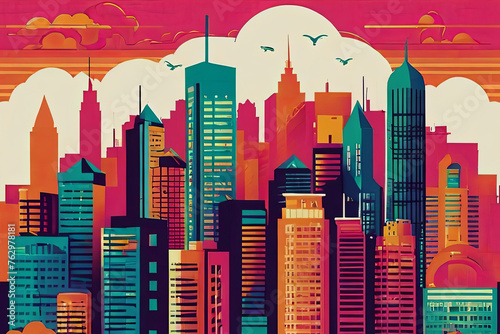 Unique and colorful retro cityscape risograph vector design. Vibrant urban artwork with vintage flair. photo