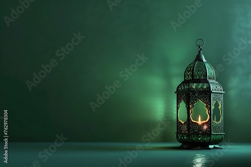 Lantern on a green background. Islamic ornament background.