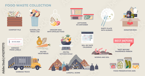 Food waste and sustainable garbage or trash management in tiny collection set