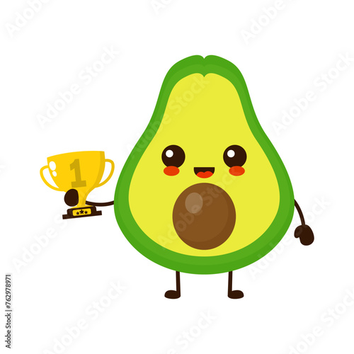 Cute happy avocado fruit with gold trophy. Vector flat fruit cartoon character illustration icon design