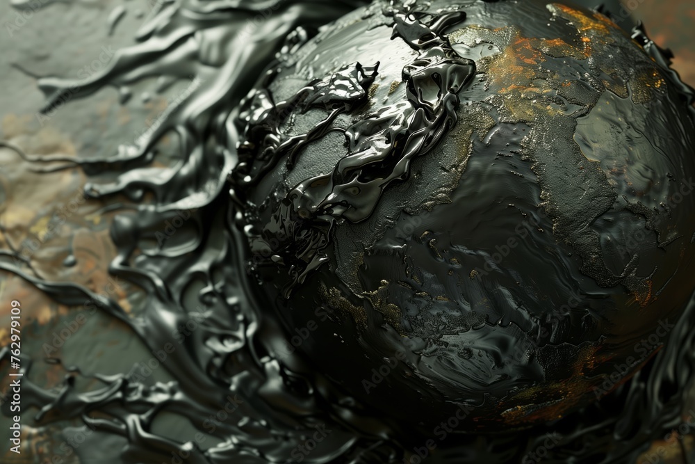 Earth submerged in a torrent of viscous black oil, symbolizing ecological oil crisis and urgent need for environmental sustainable practices to safeguard our planet's delicate ecosystems Earth submerged in a torrent of viscous black oil, symbolizing ecological oil crisis and urgent need for environmental sustainable practices to safeguard our planet's delicate ecosystems
