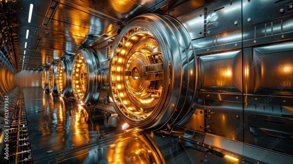 A fortress of finance: Impressive bank vault door symbolizing ultimate protection against crime, with a touch of artistic lighting