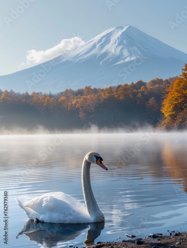 White swan swimming in the foggy and cloudy lake in early morning  Mount Fuji in the background