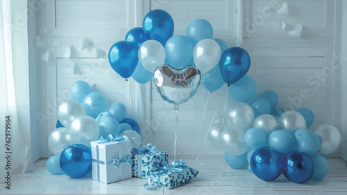 blue and white balloons with confetti on a white background