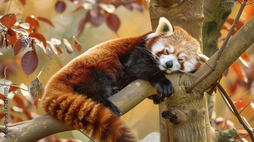 Red panda sleeping in a tree photo