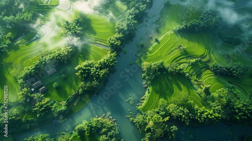 Aerial View of a River Cutting Through Lush Green Countryside