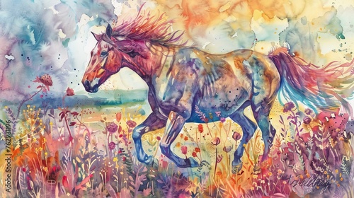 Spirited Horse Running Through Field