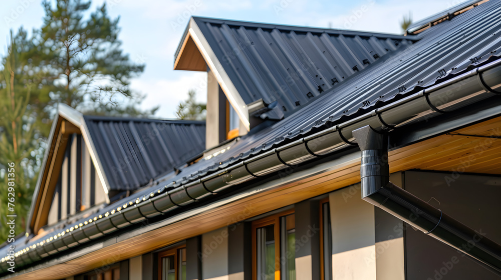 Fototapeta premium Rain gutters on a house with a metal roof.