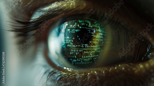 Computer vision concept. Human eye with binary code inside. Fusion of technology, perception, power and potential of artificial intelligence and AI machine learning in interpreting visual data. photo