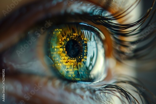 Computer vision concept. Human eye with binary code inside. Fusion of technology, perception, power and potential of artificial intelligence and AI machine learning in interpreting visual data. photo