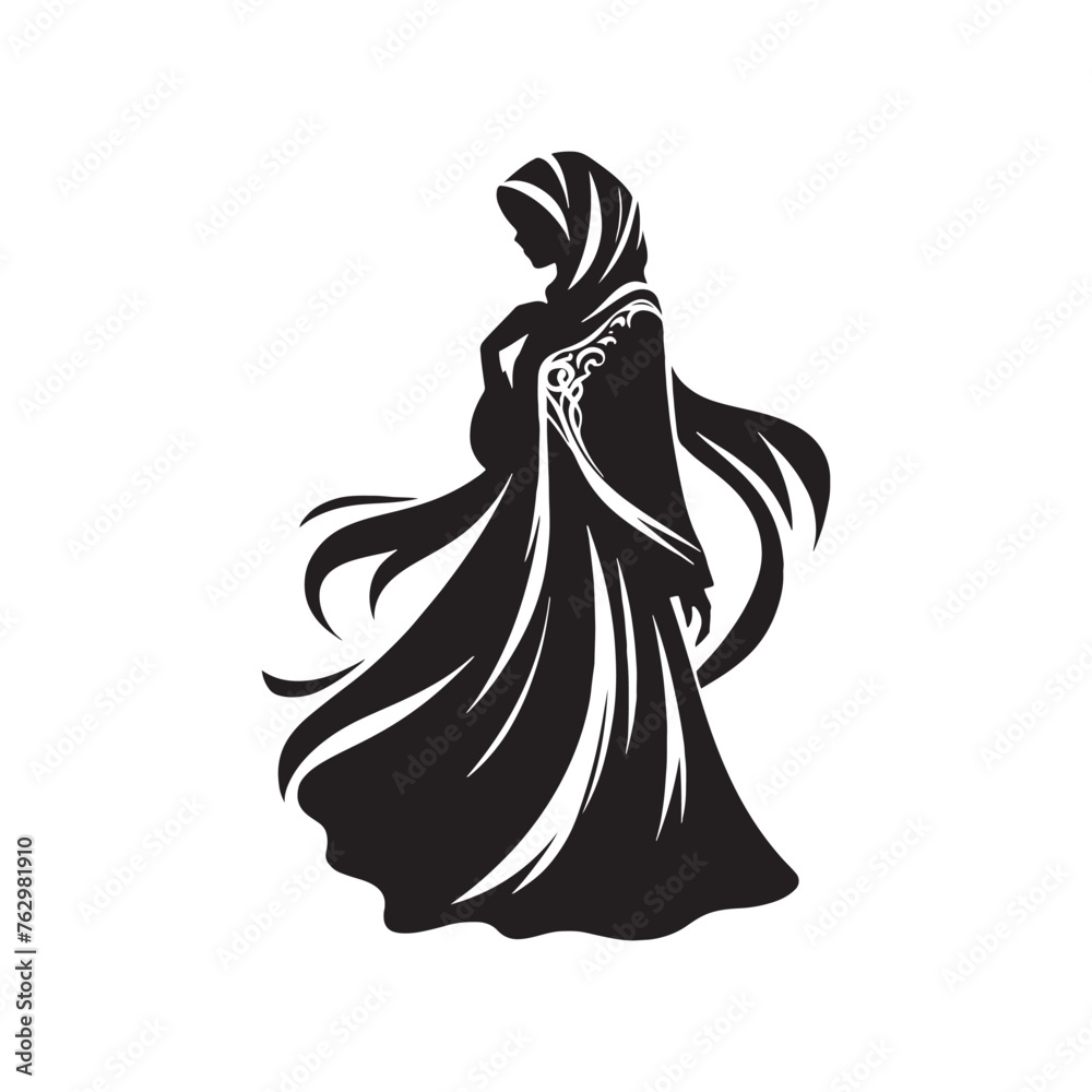 Timeless Beauty: Abaya Dress Silhouette Resonating with Classic Charm - Abaya Illustration - Minimallest Abaya Vector - Girl in Hijab Silhouette
