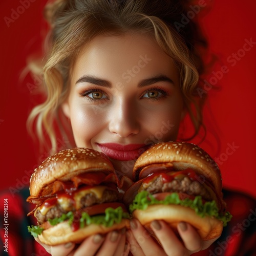 portrait of a woman with hamburger
