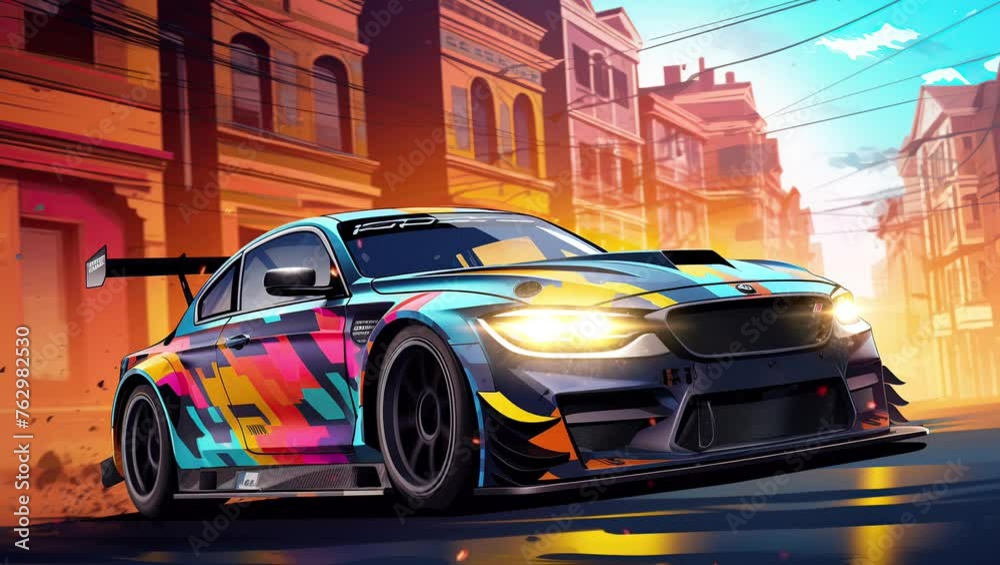 Modern sports car speeding through a bright urban street on a sunny day. Exciting city life. Seamless looping 4k time-lapse virtual video animation background. Generated AI