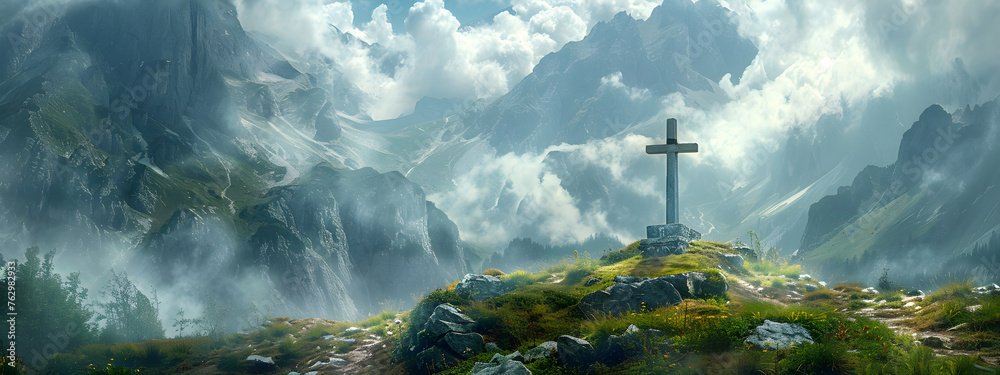 A holy cross standing tall in the midst of the mountains, exuding a sense of spirituality and reverence. Suitable for religious and spiritual themes. - obrazy, fototapety, plakaty 