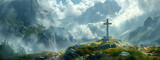 A holy cross standing tall in the midst of the mountains, exuding a sense of spirituality and reverence. Suitable for religious and spiritual themes.