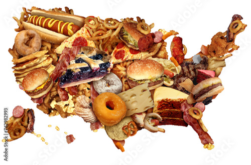 US Junk Food Diet as a American Unhealthy Eating Habits representing United States obesity and greasy high cholesterol eating habits as an American health crisis.