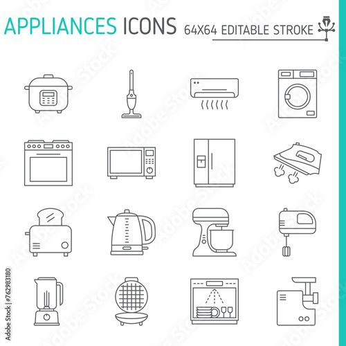 Home appliances line icon set, household vector collection, logo illustrations, house equipment symbols vector icons, outline style pictogram pack, editable stroke icons.