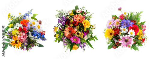 Set of Flower arrangement with fresh flowers with colorful blooms and vibrant greenery isolated on transparent background. A bouquet of fresh flowers cutout PNG collection
