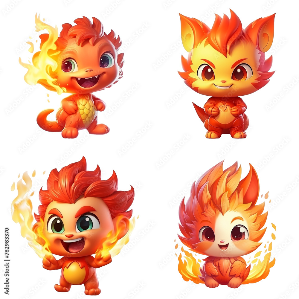Set of cute fire character isolated on transparent background