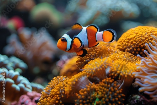 Underwater Harmony: Colorful Clownfish with Bright Corals in a Marine Aquarium