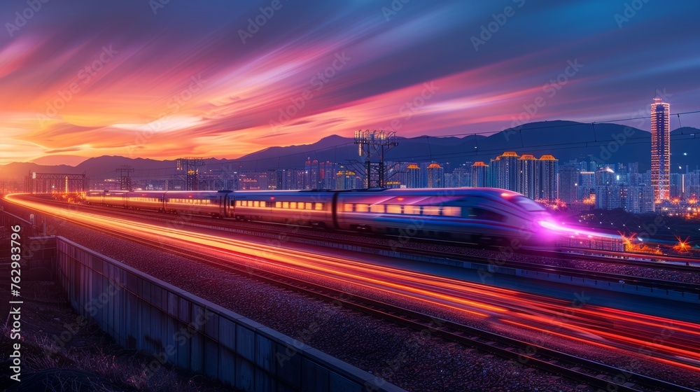 Light Trails of Trains in Evening Cityscape. Commuter trains creating dynamic light trails across a cityscape at dusk, showcasing urban motion and energy.