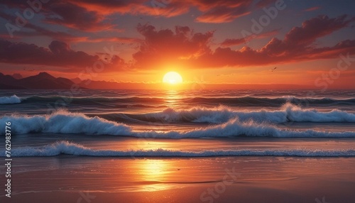 Serenity at Sunset: Intense Emotions with Horizon on Fire at Dusk on the Beach