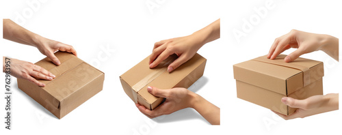 Set of Hand unboxing a Cardboard Box Package isolated on transparent background. Closeup of Hand with Cardboard Box Package collection