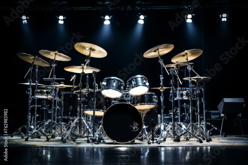 Drum kit on stage, close-up. Musical instruments.
