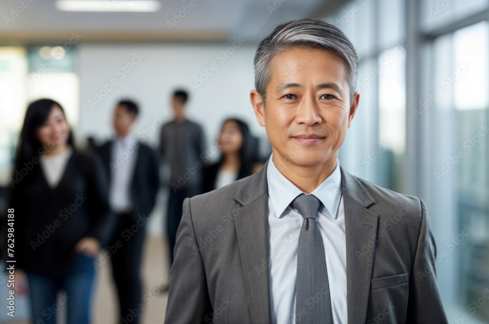 Portrait of an Asian businessman standing in front of his business team Portrait of an Asian businessman standing in front of his business team