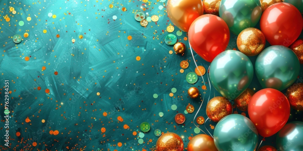 Irish holiday banner with balloons and clover on green background Irish holiday banner with balloons and clover on green background