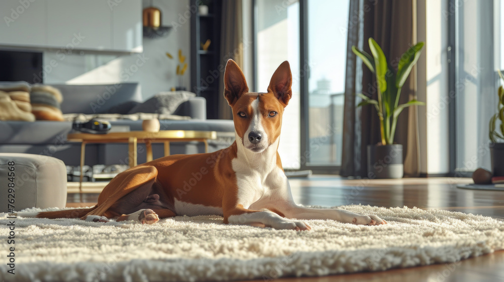 Adult Basenji dog lies on carpet in modern apartment. Pet in the living ...