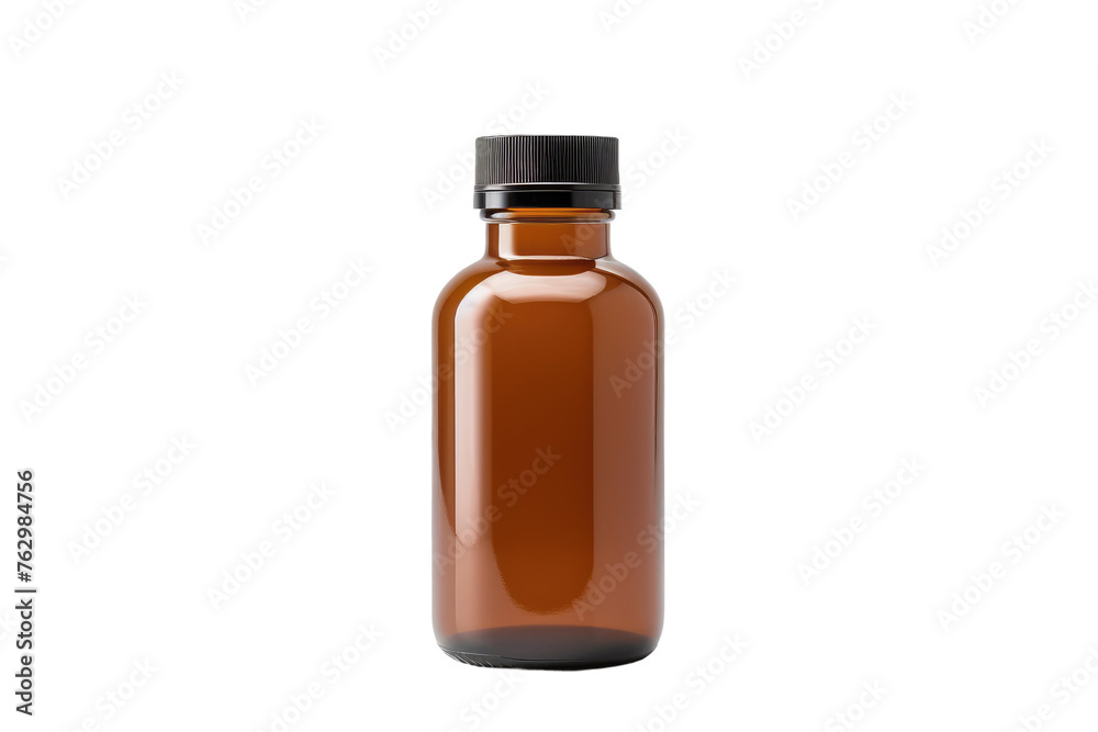 Brown Glass Bottle With Black Cap. On a White or Clear Surface PNG Transparent Background..