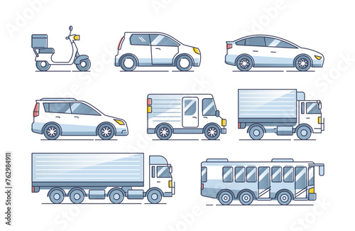 Cars set with various size, shape and type transportation outline collection, transparent background. Vehicle models with delivery scooters and sedans illustration. Cargo and passenger rides.