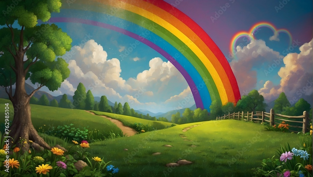 A Saint Patrick's Day fantasy a colorful rainbow guiding the way to a leprechaun's hidden pot of gold coins Generative AI