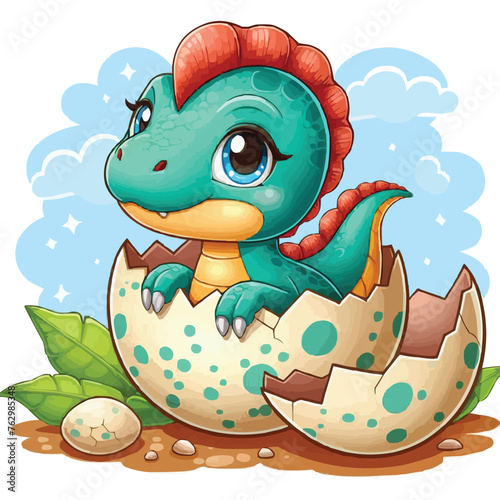 vector Cartoon baby spinosaurus hatching from egg