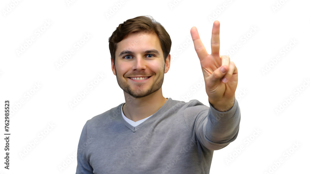 Smiling man gesturing 'OK' with victory hand, expressing success and positivity Smiling man gesturing 'OK' with victory hand, expressing success and positivity