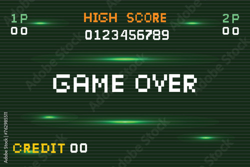 GAME OVER .Synthwave wireframe net illustration. pixel art .8 bit game. retro game. for game assets .Retro Futurism Sci-Fi Background. glowing neon grid. and stars.
