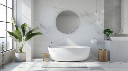 Spacious and bright bathroom interior with a freestanding tub  marble walls  natural light  and lush green plants.
