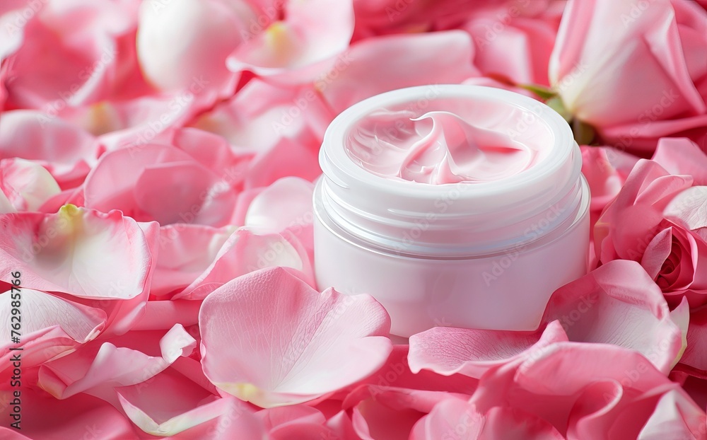 Open Jar of Luxurious Rose-Scented Cream Surrounded by Fresh Pink Petals Open Jar of Luxurious Rose-Scented Cream Surrounded by Fresh Pink Petals