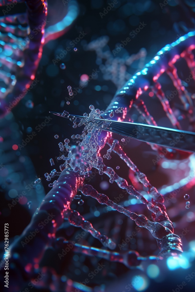Spiral DNA strand, with a portion grasped by macro tweezers. Genome editing, DNA and gene repair, genetic modification, and heredity. Concept of futuristic advanced technologies Spiral DNA strand, with a portion grasped by macro tweezers. Genome editing, DNA and gene repair, genetic modification, and heredity. Concept of futuristic advanced technologies