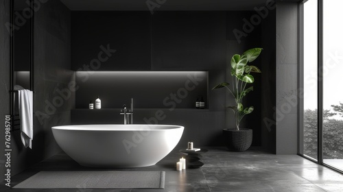 This minimalist bathroom features a stark black color scheme  a white freestanding tub  ambient backlighting  and a touch of nature with a potted plant.