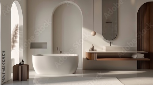 This tranquil bathroom sanctuary is characterized by its soft light  arched openings  a white freestanding bathtub  and wooden vanity accents  inviting a serene experience.