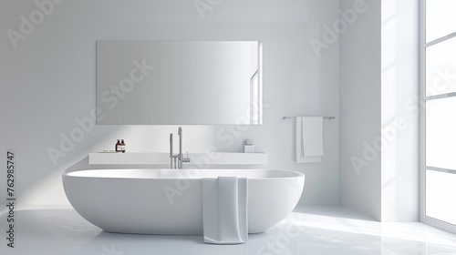 A pristine white bathroom basks in natural light  featuring a modern freestanding bathtub  minimalistic design  and clean lines for a tranquil  spa-like environment.