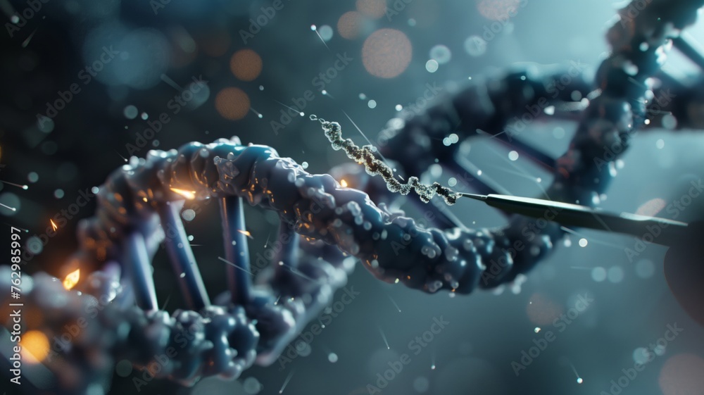 Spiral DNA strand, with a portion grasped by macro tweezers. Genome editing, DNA and gene repair, genetic modification, and heredity. Concept of futuristic advanced technologies - obrazy, fototapety, plakaty 