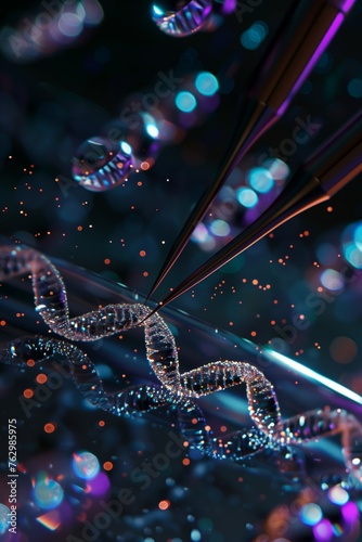 Spiral DNA strand, with a portion grasped by macro tweezers. Genome editing, DNA and gene repair, genetic modification, and heredity. Concept of futuristic advanced technologies