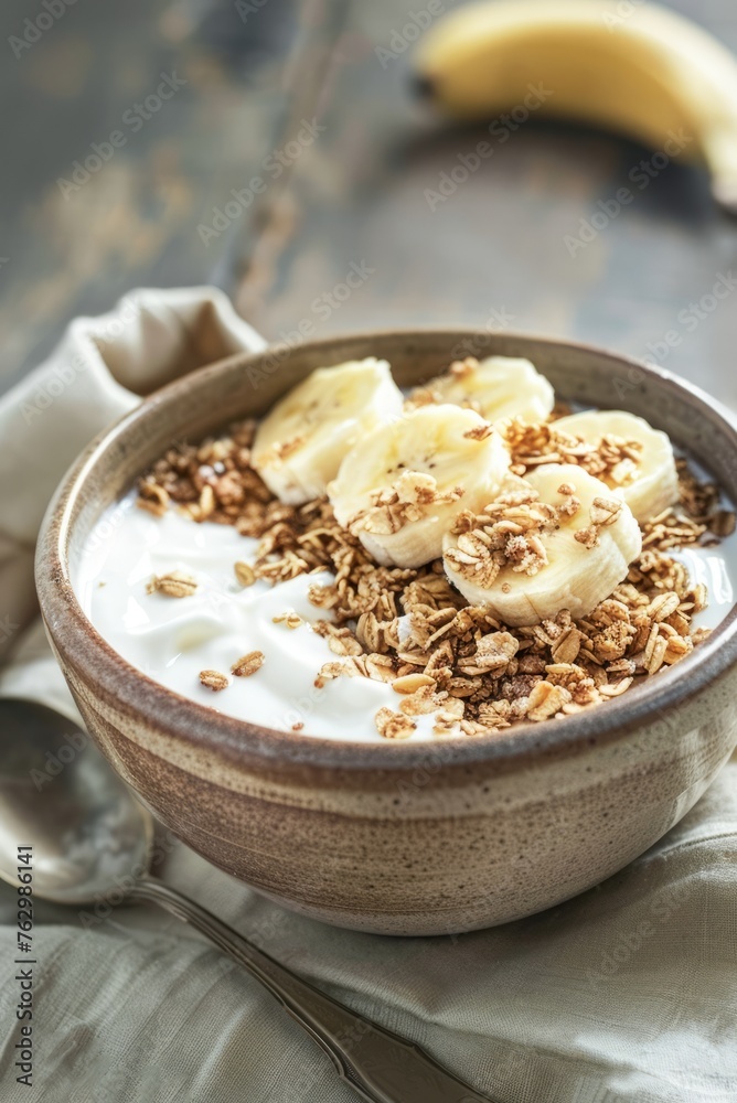 Healthy Breakfast Bowl With Greek Yogurt, Sliced Bananas, and Granola Healthy Breakfast Bowl With Greek Yogurt, Sliced Bananas, and Granola