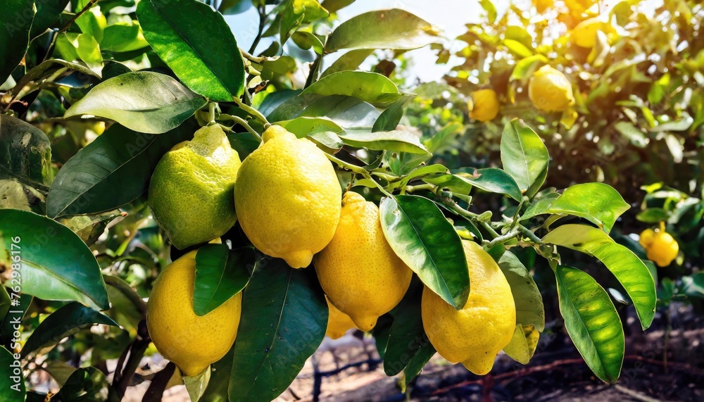 Fresh lemon fruit on the tree with drop water after rain